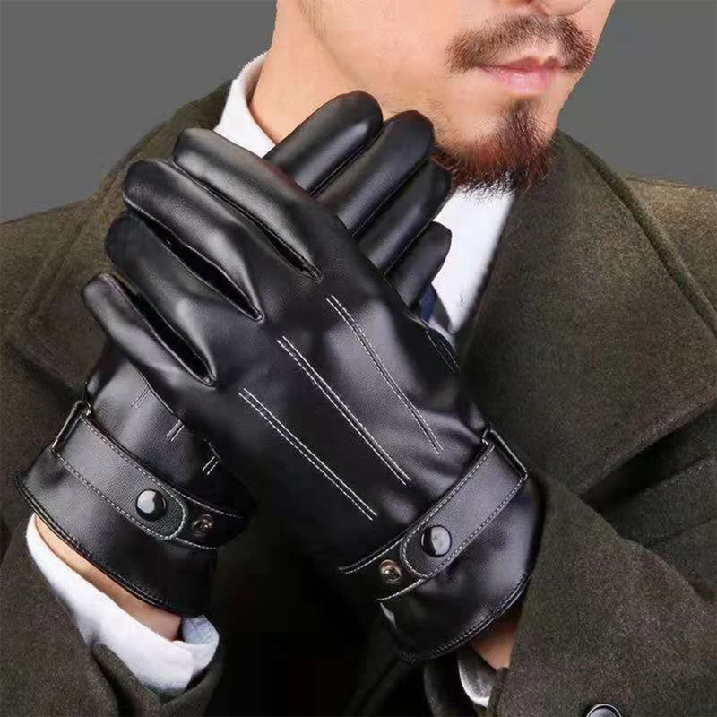 Мъжки ръкавици, черни зимни ръкавици от изкуствена кожа, запазва топлината, Ветрозащитная водительская ръкавица, мъжки ръкавици с удебелени пръсти