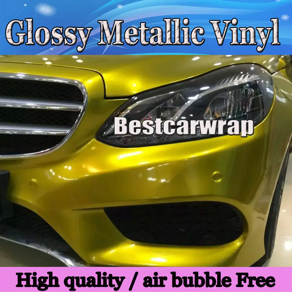 Златна Лъскава Метална филмът Винил Air Release Full Car Cover candy yellow за полагане на автомобили Лъскава амбалажна фолио Размер: 1.52*20 М / ролка