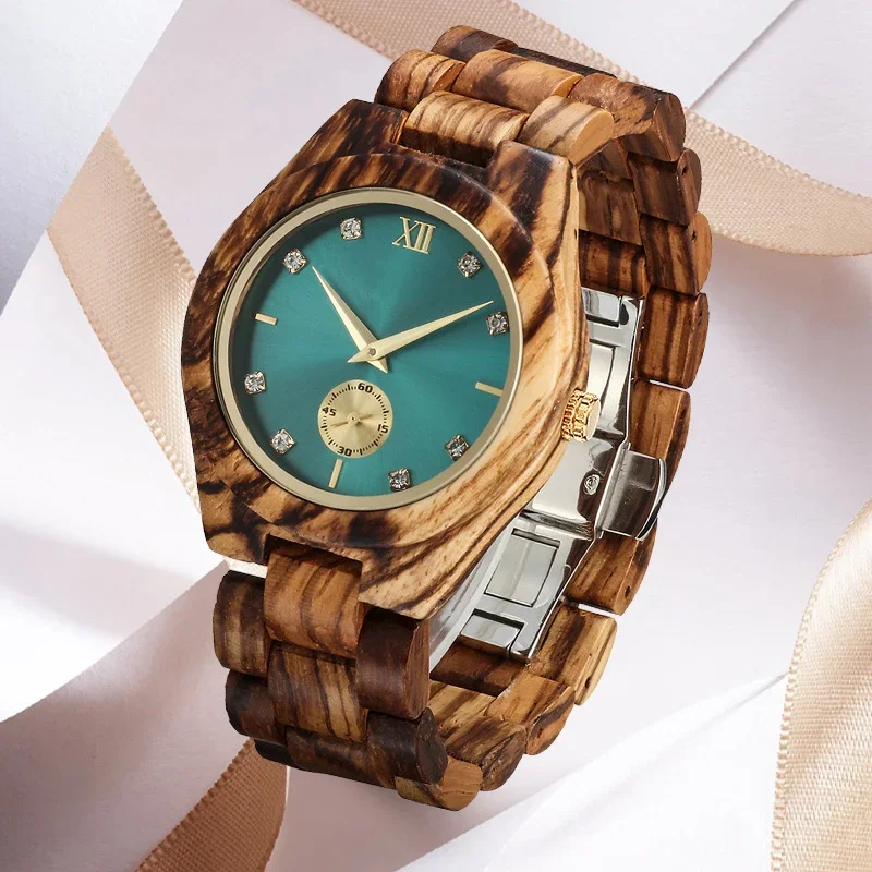 Персонални дървени ръчни часовници за жени с имитация на бриллиантового на циферблата, часовници за съпруги и приятелки, модерни кварцови дървени часовници за дами