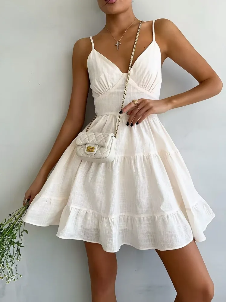 Памучни ленено Бяла лятна рокля на спагети презрамки Бельо Секси мини рокля с волани и отворен гръб Жена в Елегантна вечерна рокля 2023 Новост