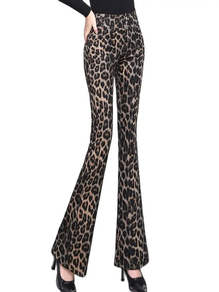 Темпераментни панталони с леопардовым принтом, висока талия, плътно прилепнали разкроена панталони 2023, нова мода дамски дрехи