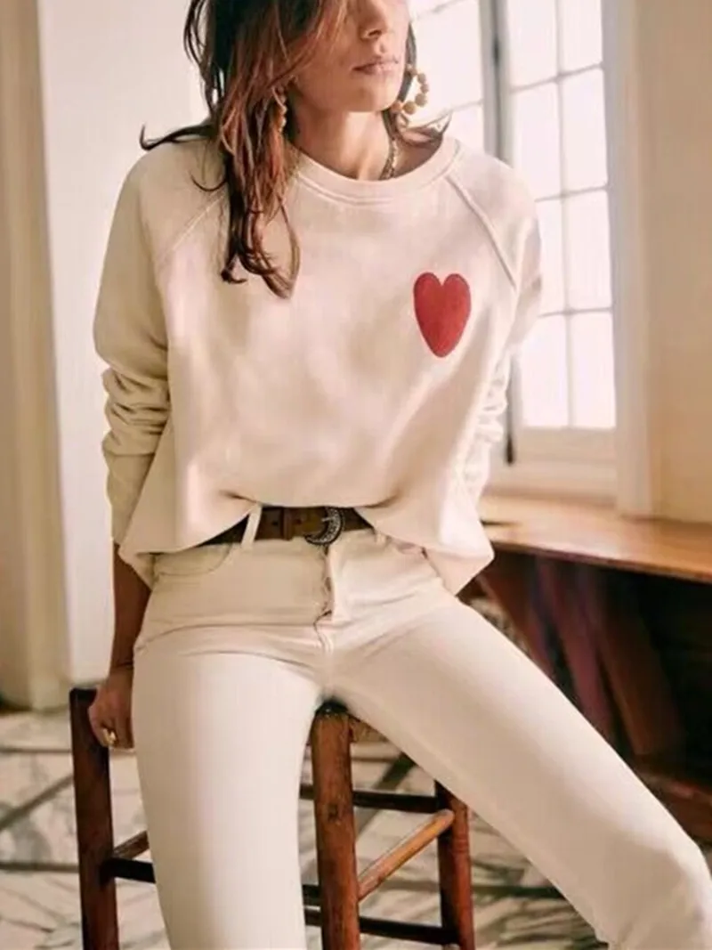 Дамски hoody с принтом сърцето Fresh с кръгло деколте 2023, пролетен женски памук пуловер с дълъг ръкав, в началото на 2023 г.